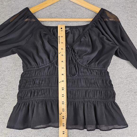 EXPRESS WOMENS BLACK SMOCKED PUFF SLEEVE BLOUSE SIZE XS SQUARE NECK - Picture 9 of 10